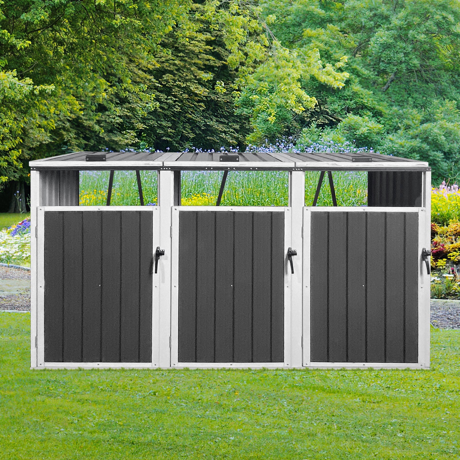 Outdoor Trash Can Shed Galvanized Steel Gray 3 Bin Storage