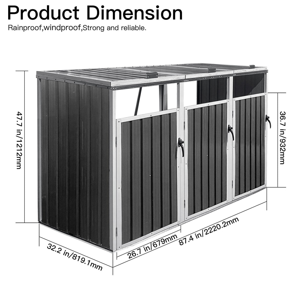 Outdoor Trash Can Shed Galvanized Steel Gray 3 Bin Storage