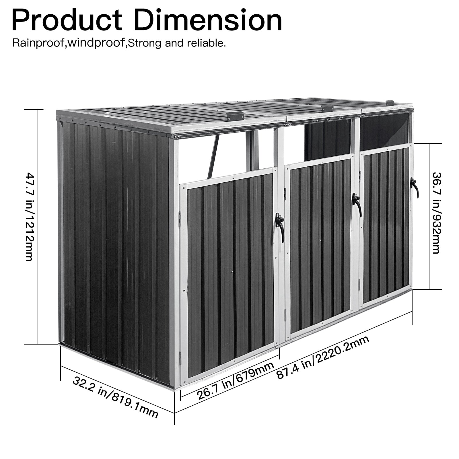 Outdoor Trash Can Shed Galvanized Steel Gray 3 Bin Storage
