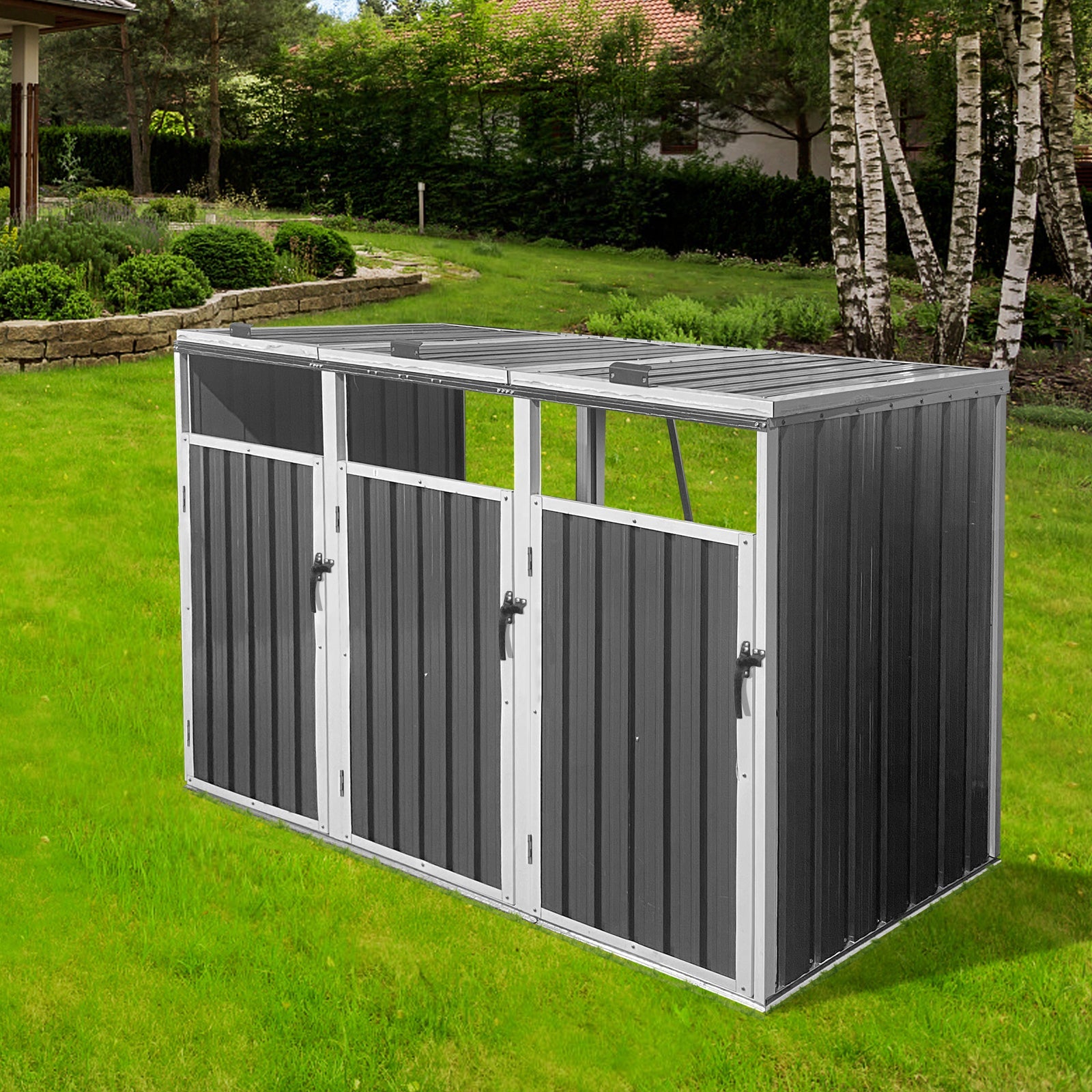 Outdoor Trash Can Shed Galvanized Steel Gray 3 Bin Storage