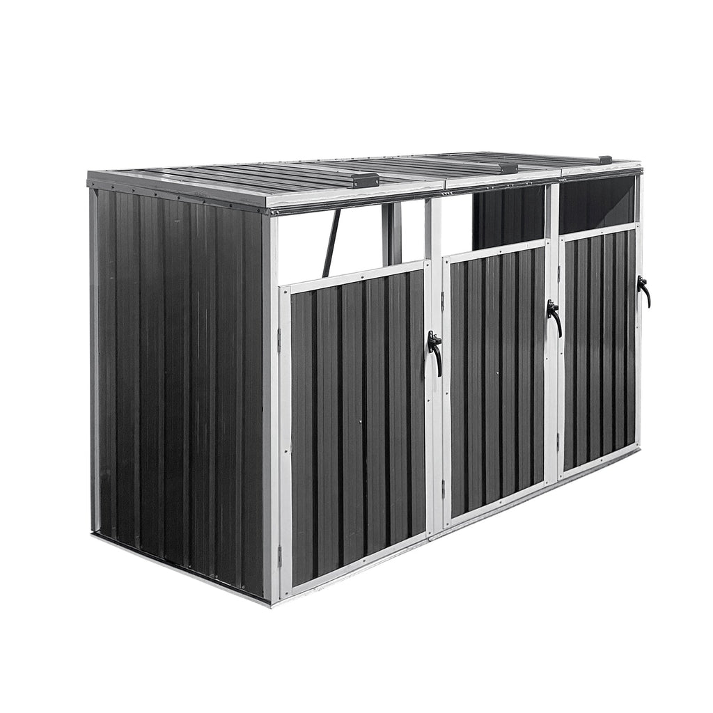 Outdoor Trash Can Shed Galvanized Steel Gray 3 Bin Storage