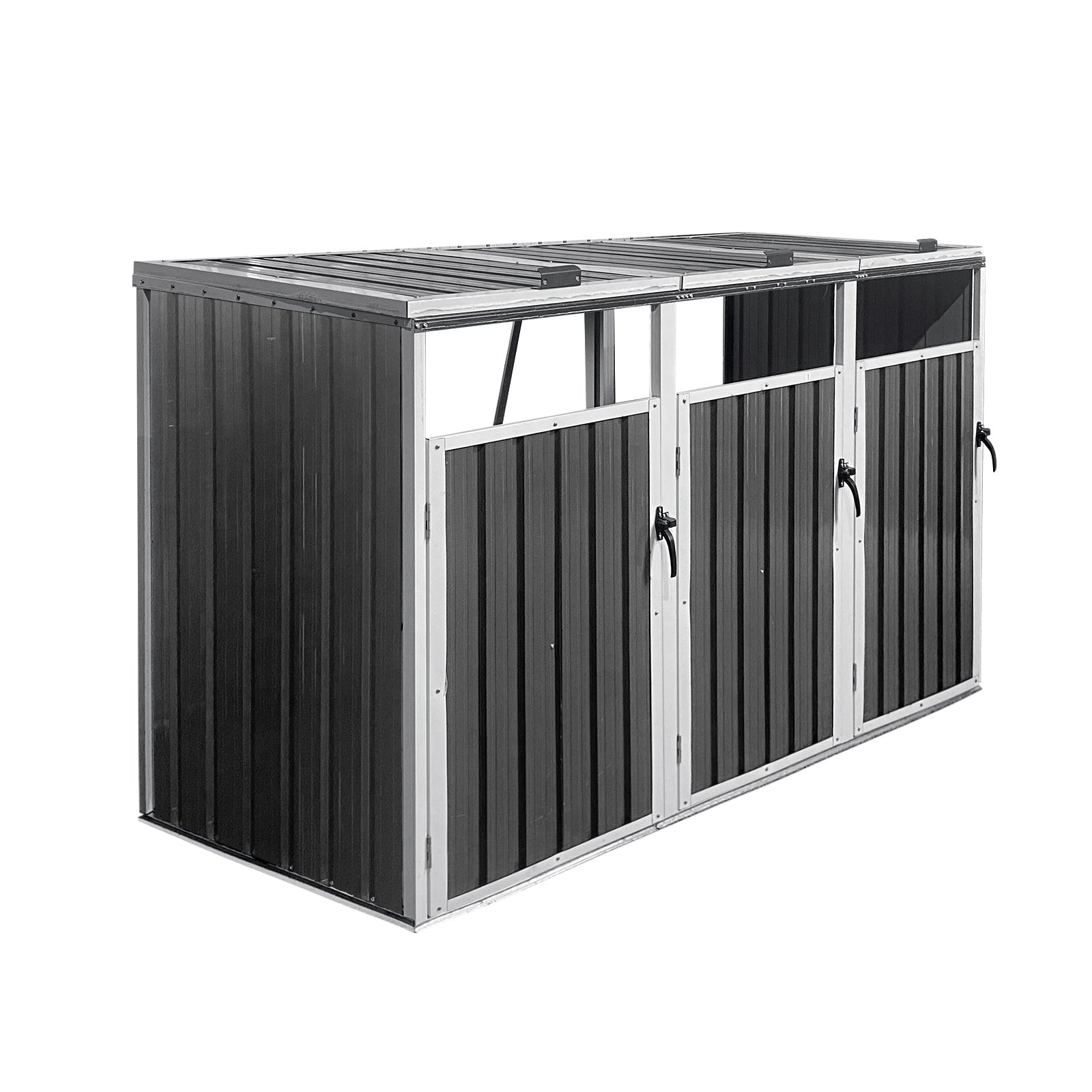 Outdoor Trash Can Shed Galvanized Steel Gray 3 Bin Storage