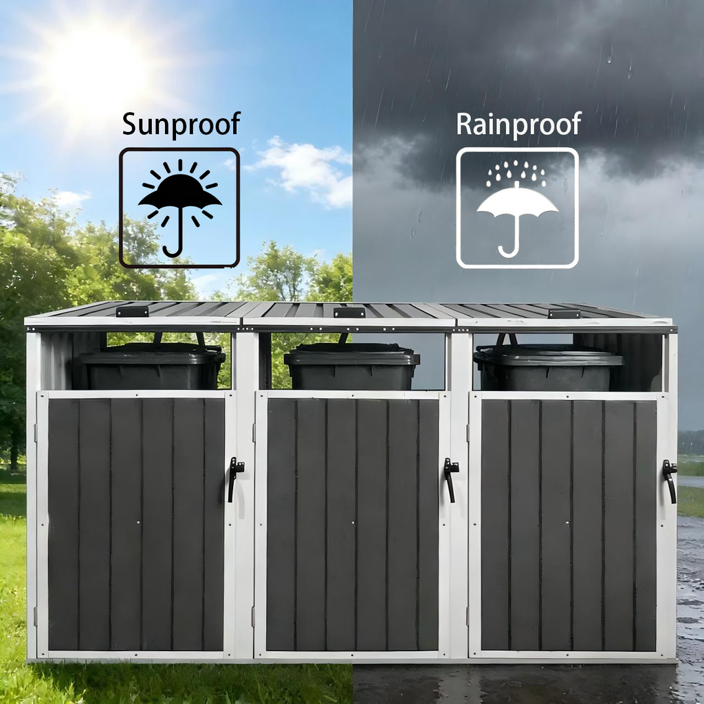 Outdoor Trash Can Shed Galvanized Steel Gray 3 Bin Storage