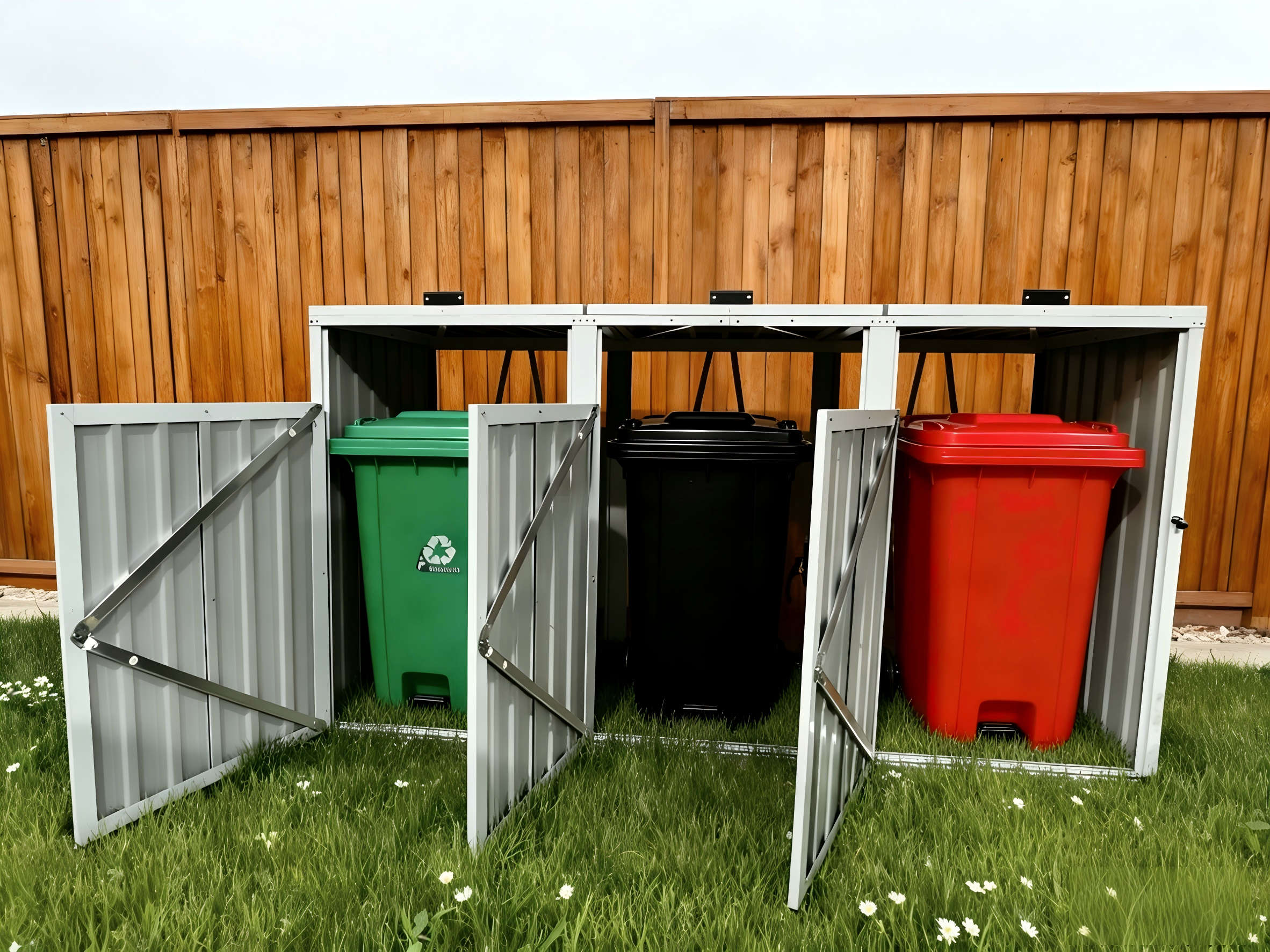 Outdoor Trash Can Shed Galvanized Steel Gray 3 Bin Storage