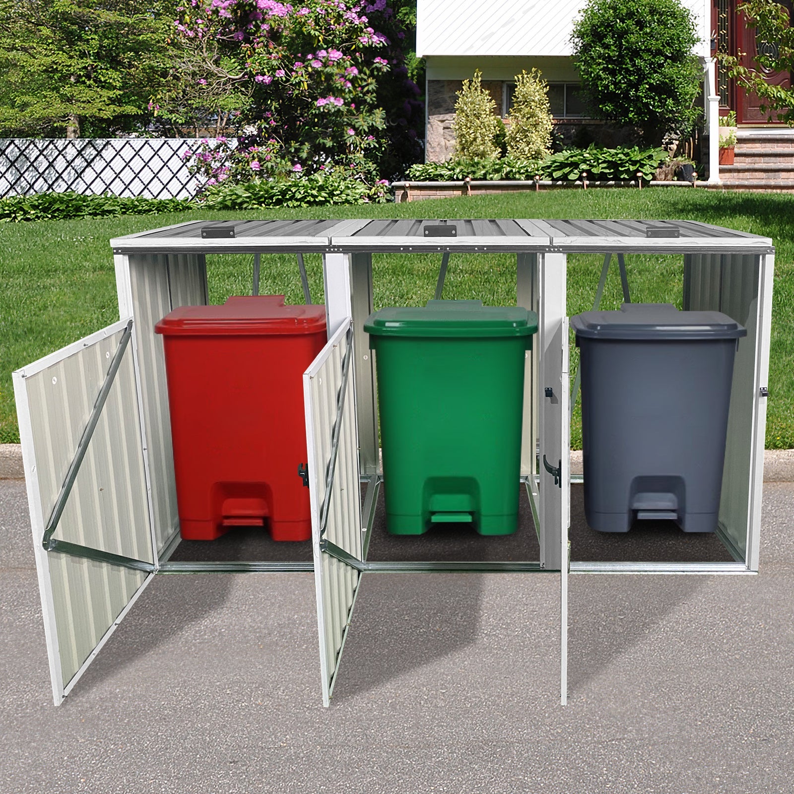 Outdoor Trash Can Shed Galvanized Steel Gray 3 Bin Storage