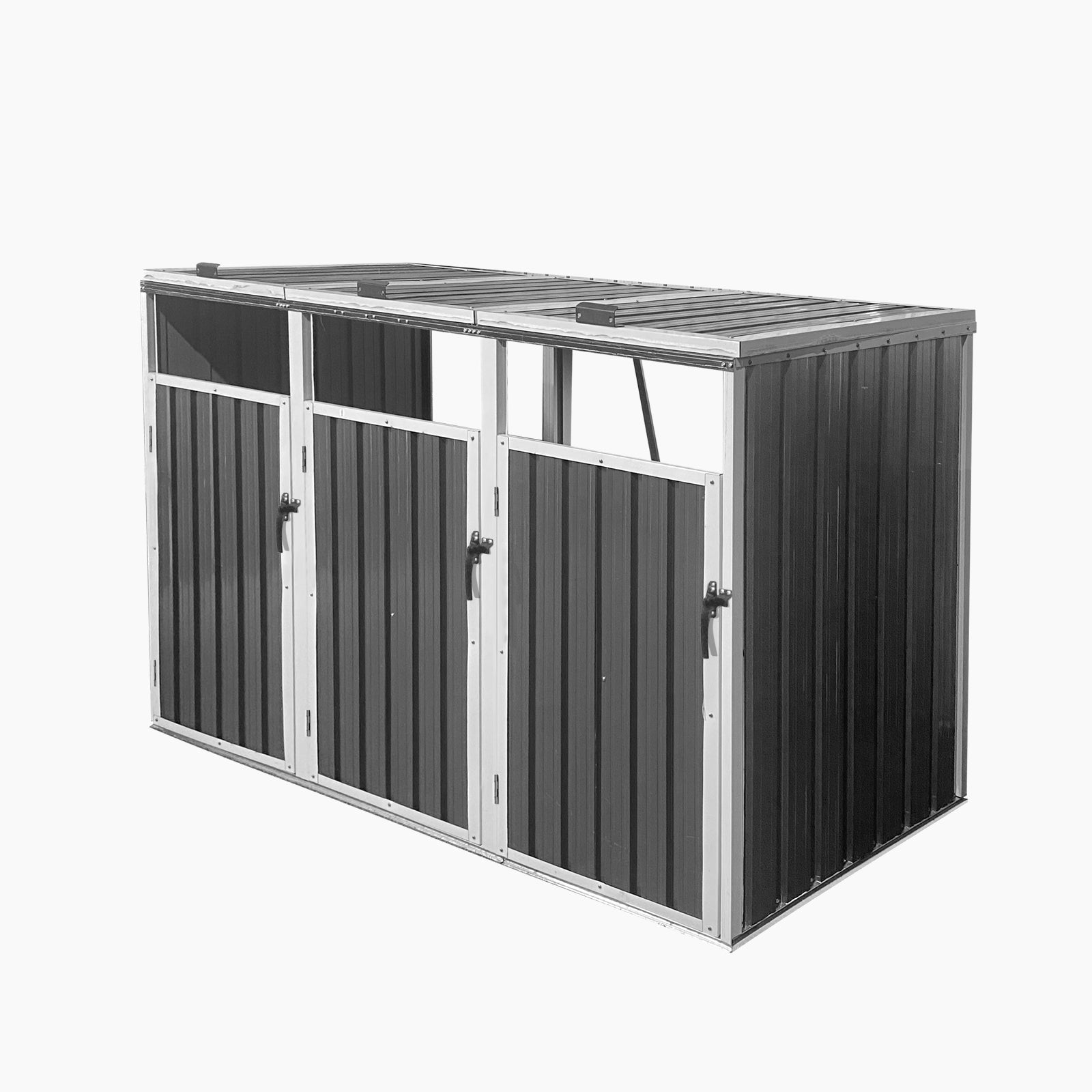 Outdoor Trash Can Shed Galvanized Steel Gray 3 Bin Storage
