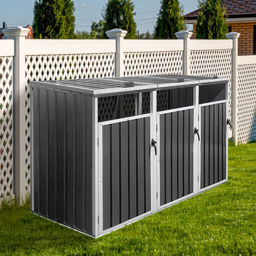 Outdoor Trash Can Shed Galvanized Steel Gray 3 Bin Storage
